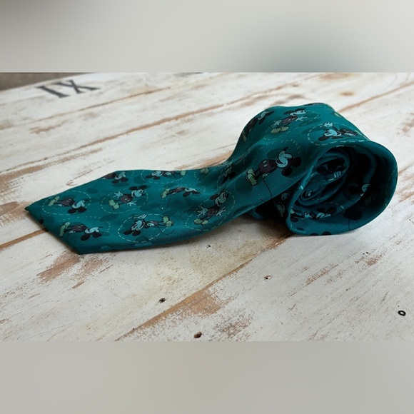 DISNEY CHANNEL Vintage silk neck tie Mickey Mouse cartoon aqua teal RARE 90s EUC - Picture 3 of 9